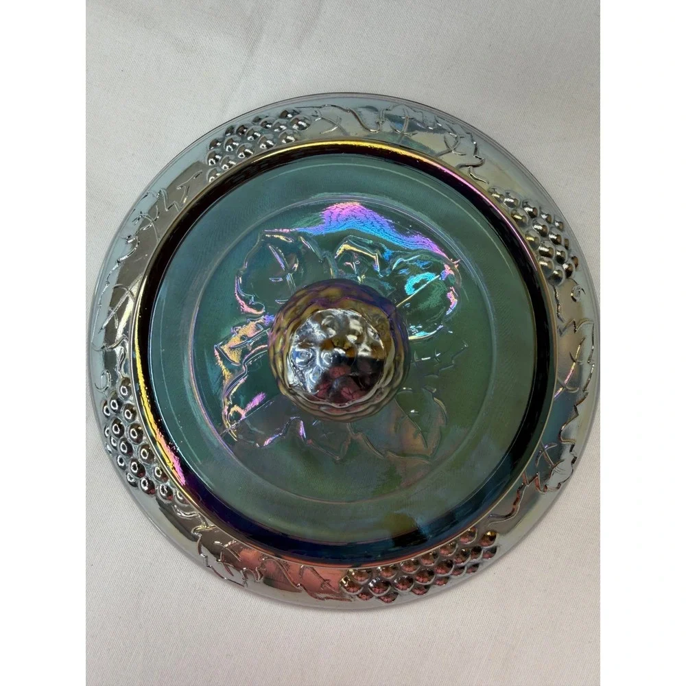 Vtg Carnival Glass HarvestGrape Compote Iridescent TealBlue Candy Dish Lid 9.75
